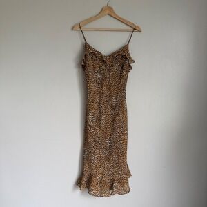 Vintage Breakin Loose Vintage Leopard Print Ruffle Midi Dress Brown Tan Size 7/8